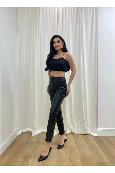 MİSSCİXFASHİON Soft Vegan Leather Side Pocket Pipe Leg Trousers