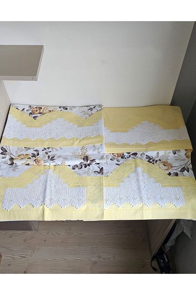 ZESA HOME Комплект завивка в жълт цвят - ръчно изработена дантела, с бордюр и шарки