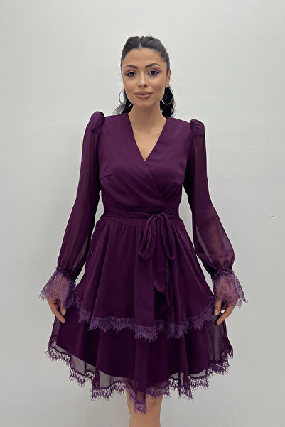 giyimmasalı Μίνι Φόρεμα σιφόν με διπλό στήθος - Patlican Purple