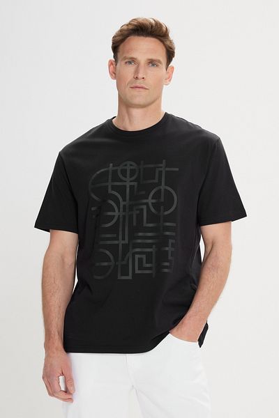 ALTINYILDIZ CLASSICS Schwarzes, schmal geschnittenes, bedrucktes T-Shirt aus 100 % Baumwolle mit Rundhalsausschnitt