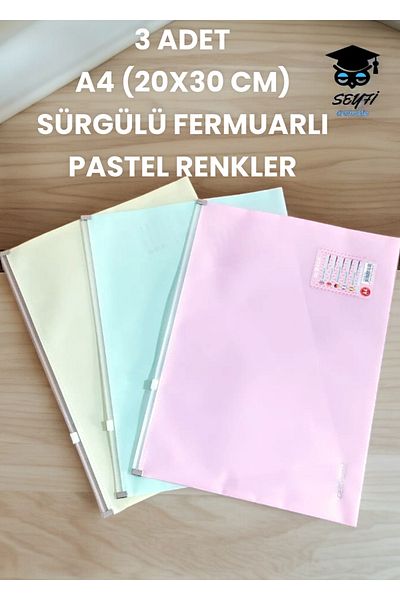 SEYFİKİRTASİYE Pastel Colored 3 Pieces A4 (20x30 cm) Sliding Plastic File - Zippered