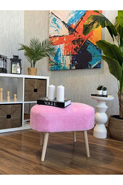 WEBPANYA MOBİLYA Gürgen Ahşap Ayak Pembe Teddy Kumaş Pofidik Tedy Handmade Ov...