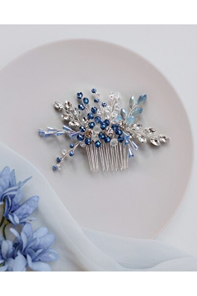 Elen Tasarım Αξεσουάρ μαλλιών μπλε ναυτικό μπλε με πέτρα. Στέμμα νύφης με χτένα