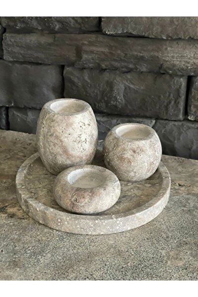 Polen Stone Silver Traverten Tepsili Mumluk Seti 4 Parça