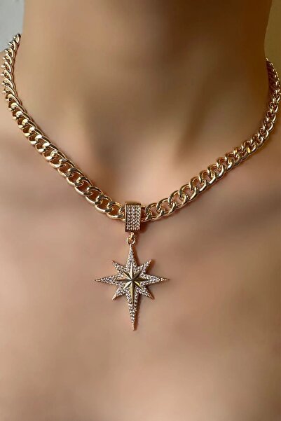 CanElif Accessories Kadın Gold Kuzey Yıldızlı Zirkon Taşlı Çağla Şikel Kolye (45+ 5 cm )