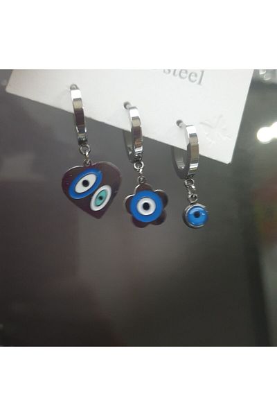 Pinkimaj Heart Steel Earring Set with Evil Eye Beads, Bringing Luck