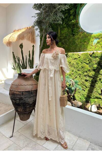 1Moda1Tarz Rochie de damă de culoare crem - dantelă importată, țesătură guipu...