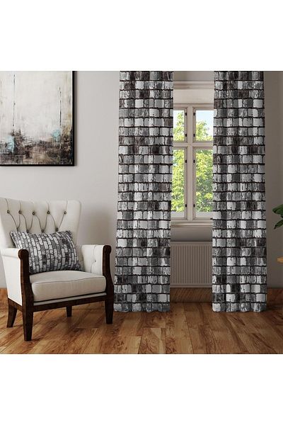 Else Dekor Gray Black Tumbled Stone Brick Wall Retro Patterned Background Curtain Kil7