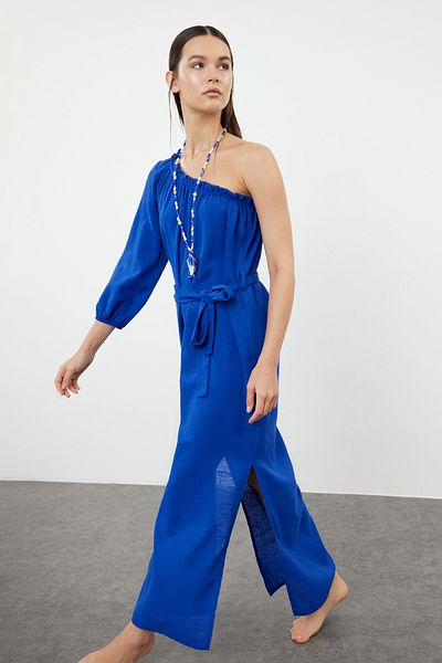 Trendyol Collection Maxi Saks Belted - Rochie de plajă cu un umăr, cu volan, cu volantă TBESS24EL00066