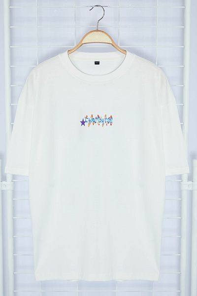 Trendyol Collection Ecru Oversize/Wide Cut Back Space Printed 100% Cotton T-shirt TMNSS24TS00017