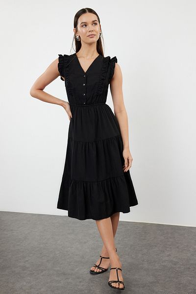 Trendyol Collection Μαύρο φόρεμα Midi Skater - RuFFle Λεπτομέρεια, Υφαντό, TWOSS24EL01073