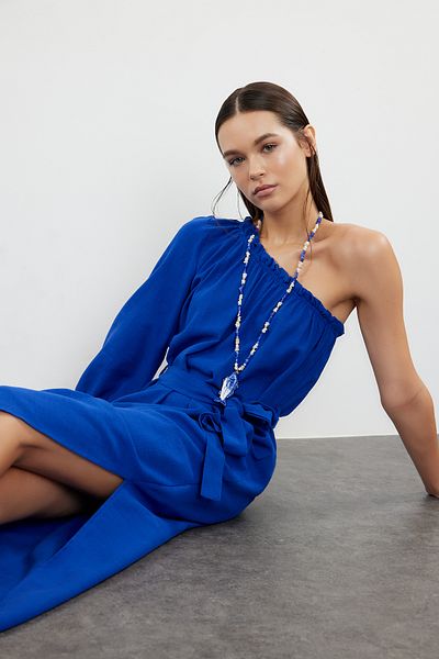 Trendyol Collection Maxi Saks Belted - Rochie de plajă cu un umăr, cu volan, cu volantă TBESS24EL00066