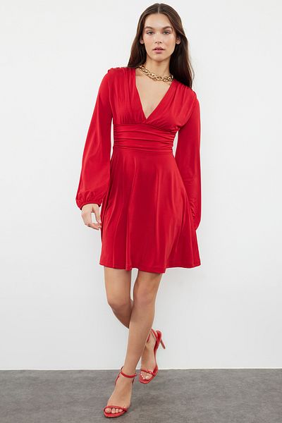 Trendyol Collection Red Straight Skater V-neck Skater/Belt Opening Sandy Midi Dress TWOSS24EL00829