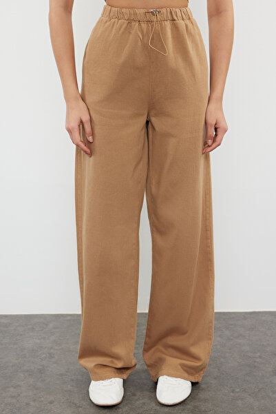 Trendyol Collection Brown Linen Blended Premium Camel High Waist Wide Leg Trousers - Twoaw25Je00003