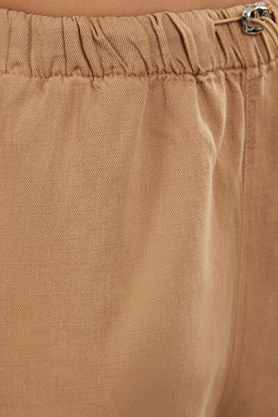Trendyol Collection Brown Linen Blended Premium Camel High Waist Wide Leg Trousers - Twoaw25Je00003