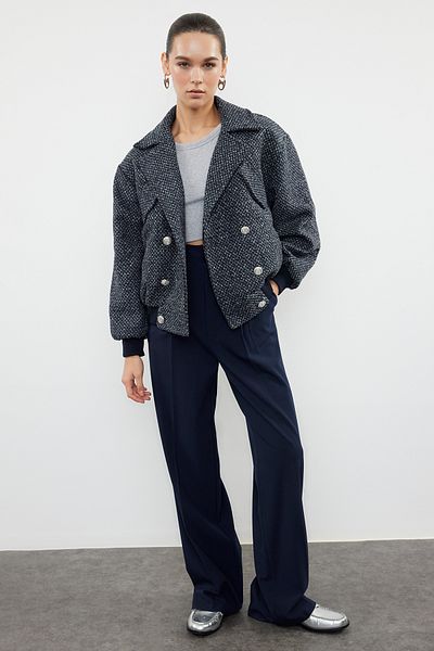 Trendyol Collection Námořnická modrá oversize prošívaná tweedová bomber bunda - Twoaw25Mo00060