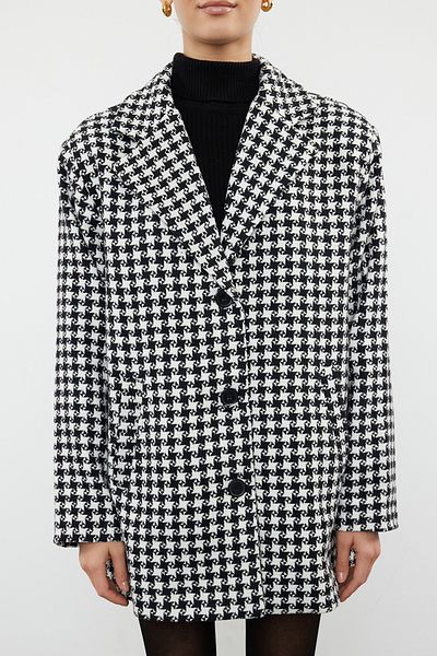 Trendyol Collection Oversize černá vlna Houndstooth - široký střih kabát TWOAW25KB00015