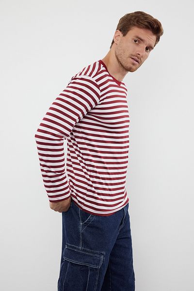 Trendyol Collection Μπλουζάκι Claret Red ριγέ βαμβακερό oversize - Crew Neck, μακρυμάνικο - TMNAW25TS00007