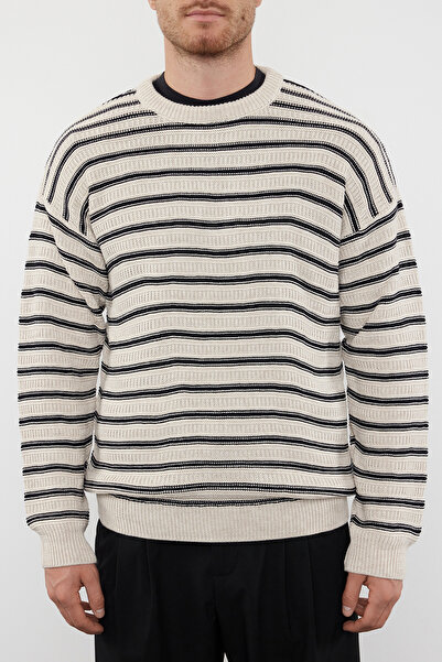 Trendyol Collection Bézs uniszex csíkos nyakú kötött pulóver - TMNAW25KZ00025