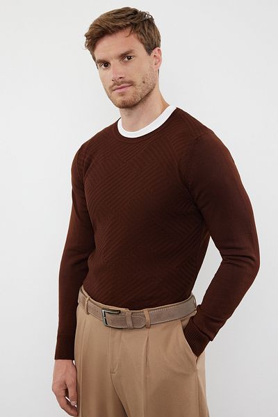 Trendyol Collection Καφέ Στενό Πλεκτό πουλόβερ με λαιμόκοψη και υφή TMNAW25KZ00038