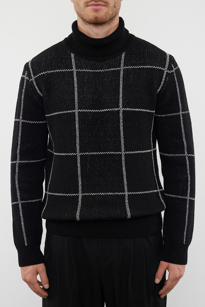 Trendyol Collection Μαύρο πλεκτό πουλόβερ με ζιβάγκο - Slim Fit, μάλλινο καρό TMNAW21KZ0398