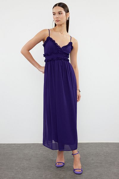Trendyol Collection Μωβ λουλουδάτο μοτίβο - Φόρεμα μάξι σιφόν με βολάν σε γραμμή Α με φόδρα, TWOSS23EL02013
