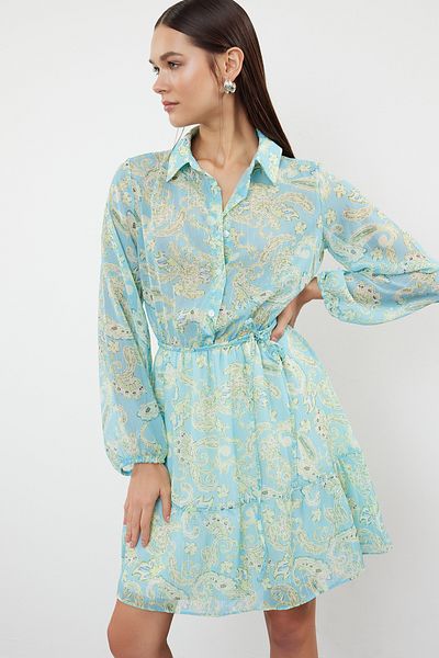 Trendyol Collection Μίνι πράσινο σιφόν φόρεμα με γιακά πουκαμίσου σε γραμμή Α - μοτίβο σάλι, με επένδυση TWOSS24EL00986