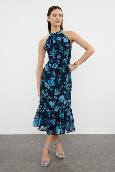 Trendyol Collection Μπλε Navy Floral Print - Μίντι Φόρεμα με λαιμόκοψη σε γραμμή Α TWOSS19LJ0200