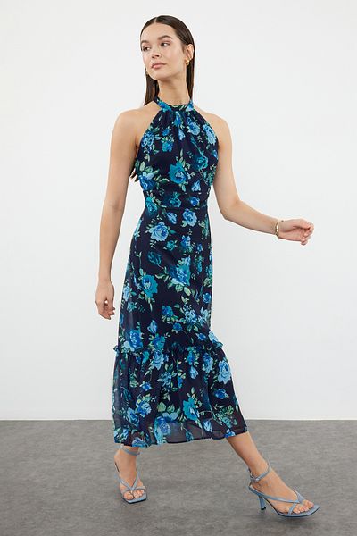 Trendyol Collection Μπλε Navy Floral Print - Μίντι Φόρεμα με λαιμόκοψη σε γραμμή Α TWOSS19LJ0200