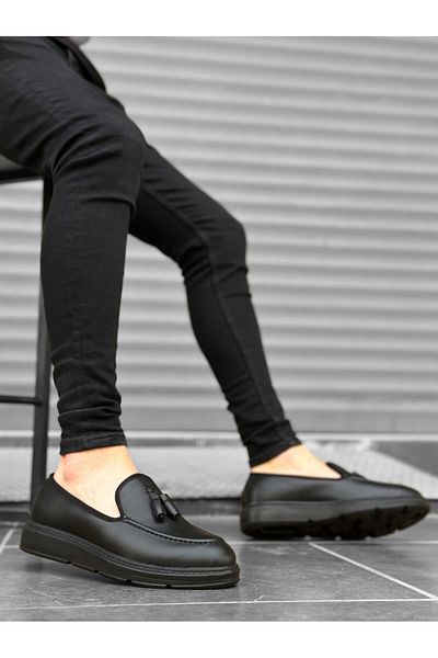 BOA BA0005 Laceless High Black Sole Classic Skin Leather Tasseled Corcik Men's Shoes