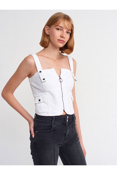 Dilvin 50242 Zipper Detailed Strapped Top-White