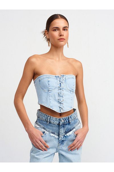 Dilvin 50715 Bustieră din denim cu ochi de pasăre-albastru
