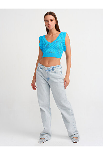 Dilvin 10546 Model V-Neck Ruffled Turquoise Knitwear Crop Top