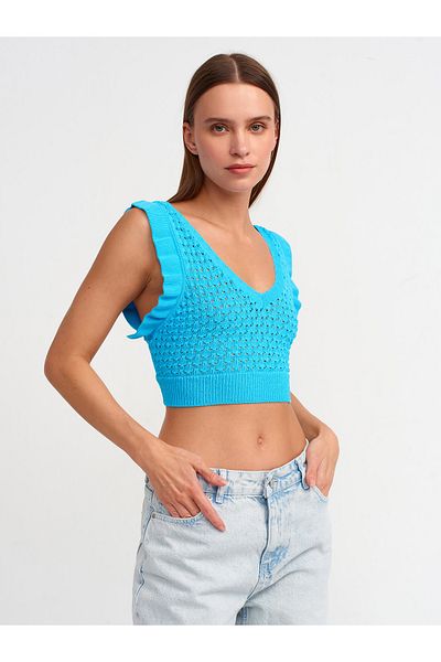 Dilvin 10546 Model Crop Top din tricotaje turcoaz cu decolteu în V