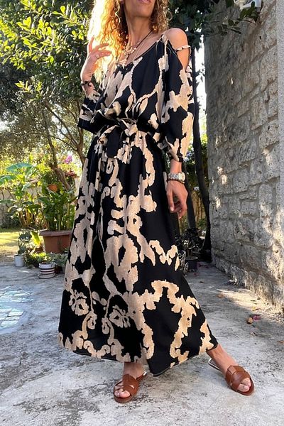 Güneşkızı Rochie lungă neagră - talie elastică, curea și decolteu pe umeri BST-3628Negru