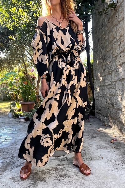 Güneşkızı Rochie lungă neagră - talie elastică, curea și decolteu pe umeri BST-3628Negru