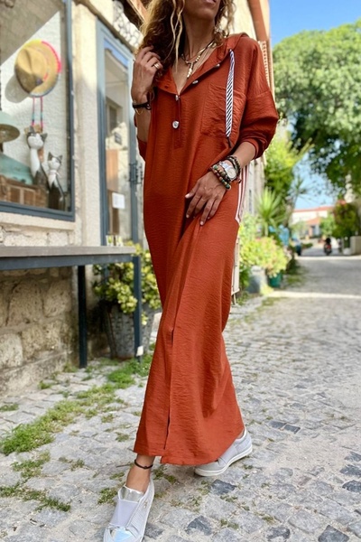 Güneşkızı Women's Brick Color Long Dress with Linen Hood and Side Slits BST3225