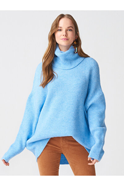 Dilvin 2268 Φαρδύ πουλόβερ με ζιβάγκο-μπλε