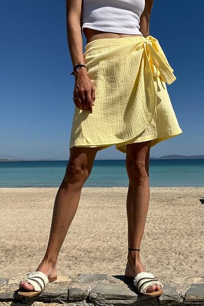 Güneşkızı Yellow Muslin Women's Shorts Skirt - Side Tie, Soft Texture BST-3636