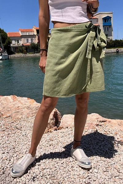 Güneşkızı Khaki Muslin Women's Shorts Skirt - Side Tie, Soft Texture BST-3636Khaki