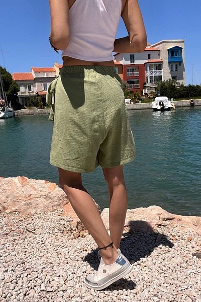 Güneşkızı Khaki Muslin Women's Shorts Skirt - Side Tie, Soft Texture BST-3636Khaki