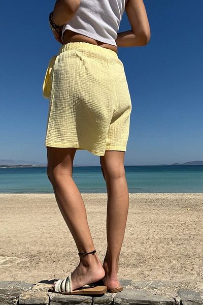Güneşkızı Yellow Muslin Women's Shorts Skirt - Side Tie, Soft Texture BST-3636
