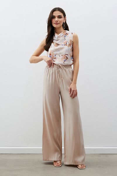 Sateen Elastic Waist Shiny Trousers - Mink