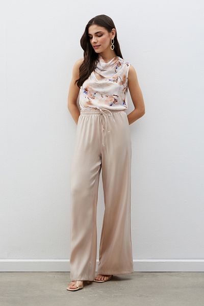 Sateen Elastic Waist Shiny Trousers - Mink