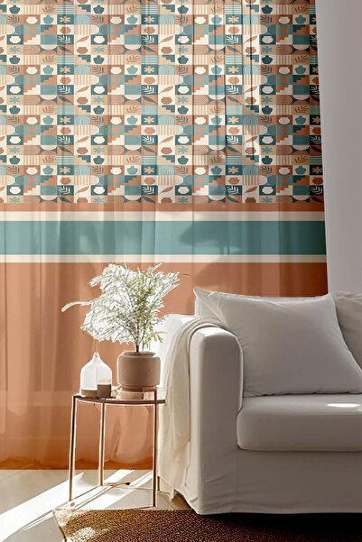 Else Dekor 140x260cm Brown Retro Printed Tulle Living Room Kitchen Curtain