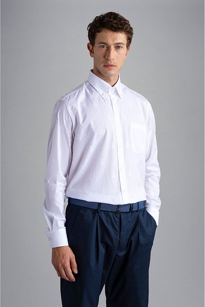 PAUL&SHARK Cămașă albă cu mânecă lungă cu nasturi cu logo-ul mărcii pentru bărbați24413310-L06