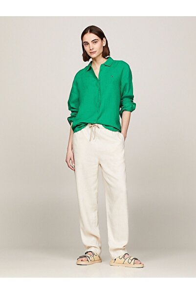 Tommy Hilfiger Kadın Logolu Rahat Günlük Ekru Pantolon WW0WW41347-AEJ