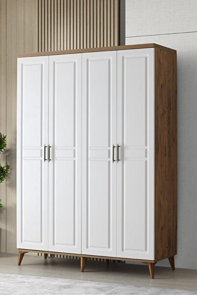 GuneyStore Ücretsiz Montaj Komple Mdf Sport 4 Kapaklı Atlantik Çam/beyaz Gardırop Elbise Dolabı