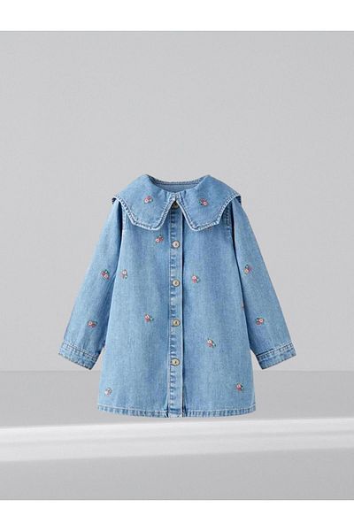 Zehrace Rochie din denim brodata cu detalii de flori