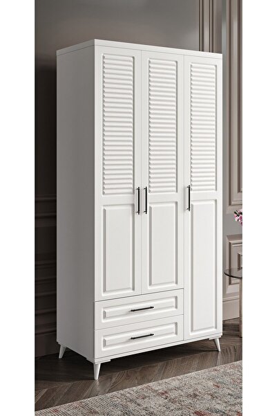 GuneyStore Ücretsiz Montaj Komple Mdf Sanat 3 Kapaklı Çekmeceli Beyaz Gardırop